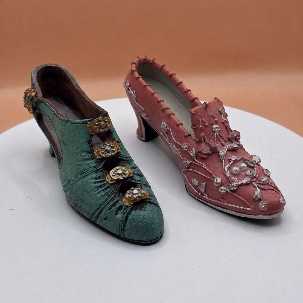 Vintage Style Miniature Shoe Sculptures Pink Floral & Teal Rhinestone Decorative - Picture 1 of 16